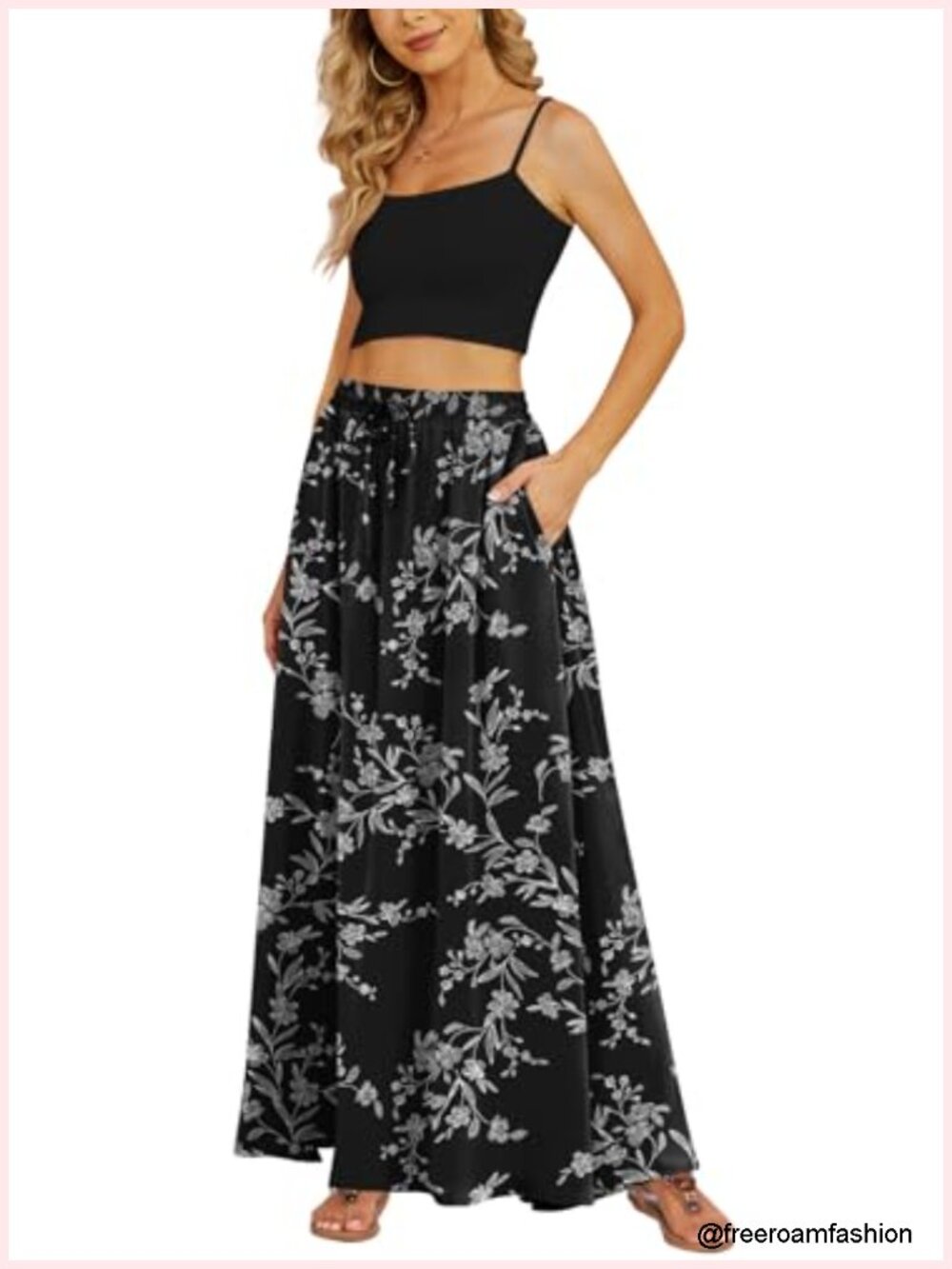 Flowy Maxi Skirt Pleated High Waisted Casual Long Skirt with Pockets